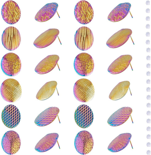 Beadthoven 24pcs Stainless Steel Stud Earrings Posts with Loop Hypoallergenic Rainbow Plated Textured Oval Disc Earrings Pins with Earrings Backs ...