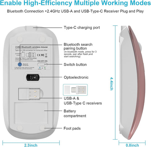 Bluetooth Wireless Mouse for MacBook Air Mac Pro Laptop Computer iPad Pad PC Optical Rechargeable Silent Mouse with Dual Mode Switch Mouse Bluetoo...