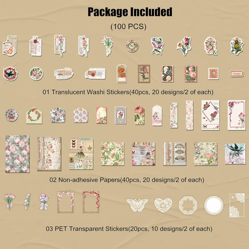 100 PCS Vintage Ephemera Pack Journaling Scrapbooking Supplies Scrapbook Sticker Paper Kit for Bullet Junk Journal Planners Collage Craft Notebook...