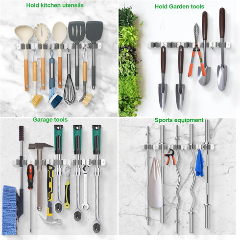 voze 5 Racks and 4 Hooks Mop and Broom Holder Wall Mount, Self Adhesive Heavy Duty Broom Organizer Storage Tool Racks for Kitchen Garden Laundry G...
