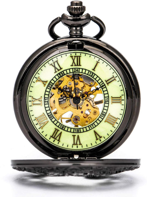 BOSHIYA Vintage Mechanical Pocket Watches for Men Luminous Steampunk Pocket Watch with Chain Black Skeleton Dial Roman Numberals Pocketwatch Gifts...
