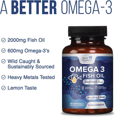 Omega 3 Fish Oil Triple Strength 2000 mg Softgels, Omega-3 Supplements, Natural Brain Heart Joint Health & Immune Support - Fatty Acids with EPA &...