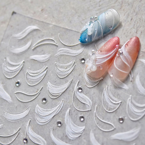 White Streamer Nail Art Stickers 5D Embossed Engraved Nail Decals Rhinestones Design Nail Supplies Reliefs Ribbon Nail Stickers for Nail Art Self-...