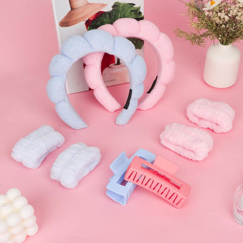 Wecoe Pink Blue Spa Headband And Wristband Set Skincare Headband For Washing Face Hair Claw Clips For Thick Hair Cute Puffy Sponge Bubble Makeup H...