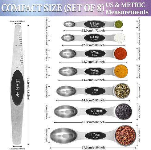 Magnetic Measuring Spoons Set of 8 with Leveler, Stainless Steel Metal Measuring Spoon, Dual Sided for Measuring Dry and Liquid Ingredients, Teasp...