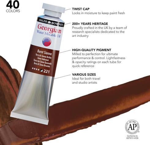 Daler Rowney Georgian Water Mixable Oil Paint Burnt Sienna 37ml Tube - Art Paints for Canvas Paper and More - Oil Painting Supplies for Artists an...