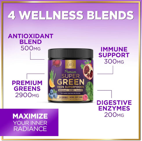 Super Greens Powder, Green Drink Smoothie Mix with 20+ Superfoods for Energy Support, Spirulina, Chlorella, Mushrooms, Antioxidants & Digestive En...