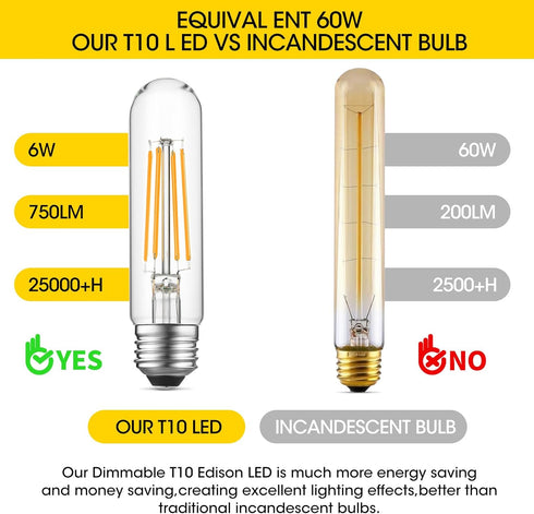 Dimmable E26 Edison Bulb, AC120V Warm White 2700K Light Bulbs, 6W, Equivalent 60W, 750LM, 5 Inch Long Tubular T10 LED Bulbs for Rustic Pendant, Ch...