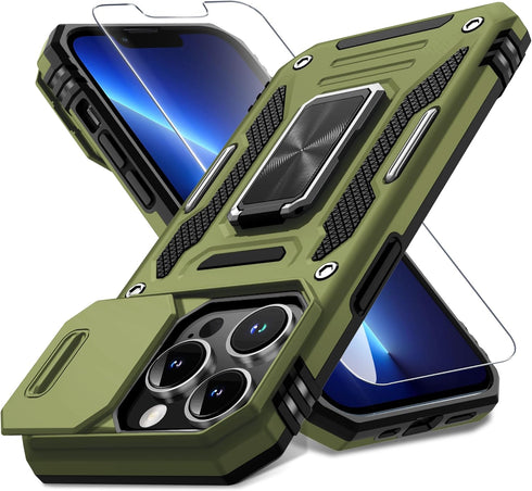 DEERLAMN for iPhone 13 Pro Case with Slide Camera Cover+Screen Protector(1 Pack),Rotated Ring Kickstand Military Grade Shockproof Protective Cover...