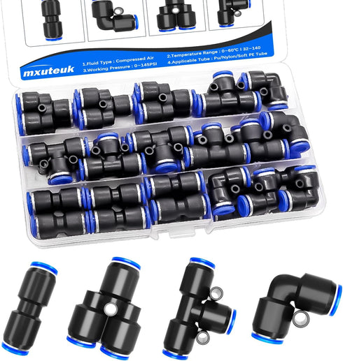 mxuteuk 1/4 Inch OD Push to Connect Fittings 1/4 Inch Quick Connect Fittings Air Hose Fittings Pneumatic Fittings Kit for 1/4 inch Tube (30PCS)...