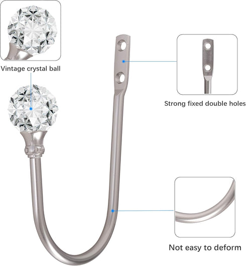 Curtain Holdback, 2pcs Wall Mounted Drapery Tiebacks with Clear Crystal Ball, Heavy Duty Metal Decorative Window Drapery Curtain Holder Curtain Ho...
