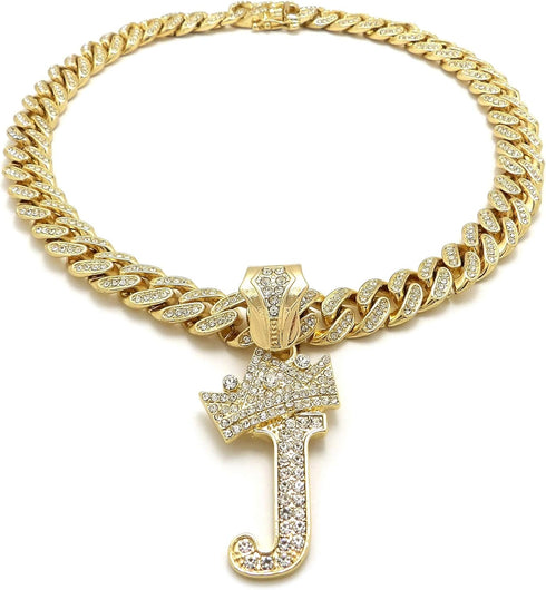 Hip Hop Alphabet Initial J Pendant & 12mm 18" Full Iced Box Lock Cuban Chain Necklace...