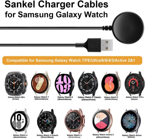 2-Pack Sankel Charger Compatible for Samsung Galaxy Watch Ultra/8/8 Classic/7/6/6 Classic/5/5 Pro/4/4 Classic/3/Active 2/FE Charger Cable- USB A F...
