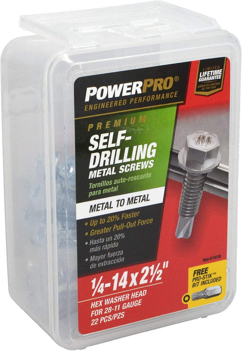 Power Pro Premium Self-Drilling Metal Screws, Zinc Plated Steel, Hex Washer Head Metal to Metal Winged Point Screws, Silver, ¼ x 2-½ inches, Box o...