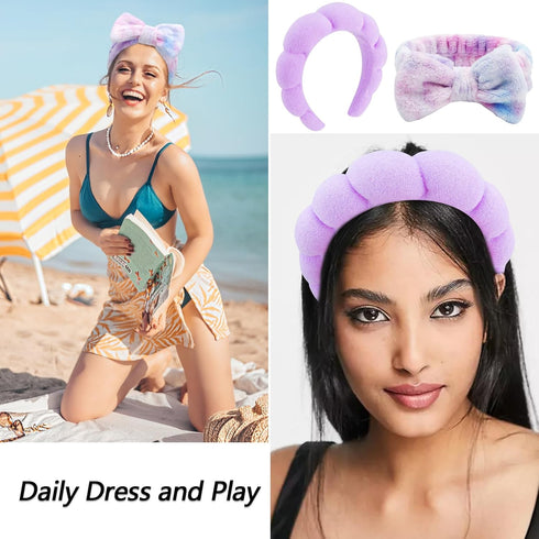 VELSCRUN 6 Pack Spa Headband, Makeup Headband, Face Wash Headband, Skincare Headbands, Multicolour Purple Sponge Hair Band Bow Tie Spa Headband fo...