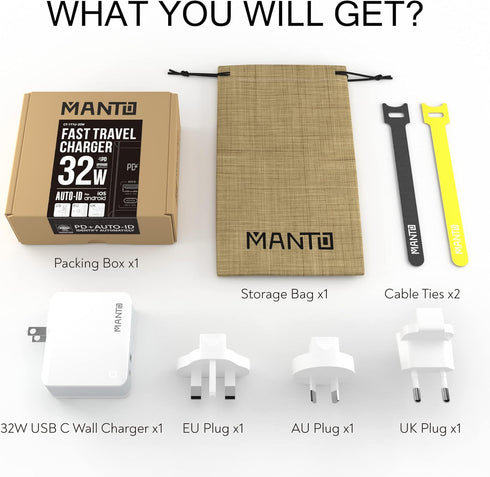 USB C Charger, MANTO 30W 2 Port PD Fast Charger with 20W USB-C Power Adapter, Foldable International Travel Adapter with UK US EU Australia Plug f...
