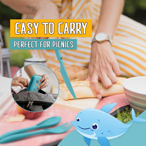 Teivio Plastic Wheat Straw Portable Travel Utensils Set for Kids, Reusable Flatware-Forks Spoons Knives for School Camping with Cute Whales Patter...