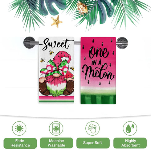 Seliem Sweet Summer Gnome Kitchen Dish Towels Set of 2, One in A Melon Watermelon Bee Hand Towel Drying Baking Cooking Cloth, Pink Green Polka Dot...