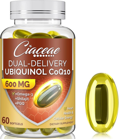 Ubiquinol CoQ10 600 MG Softgels with Omega-3 & Shilajit & PQQ, Advanced Dual-Delivery Coenzyme-Q10, Active CoQ10 Ubiquinol Supplement for Antioxid...