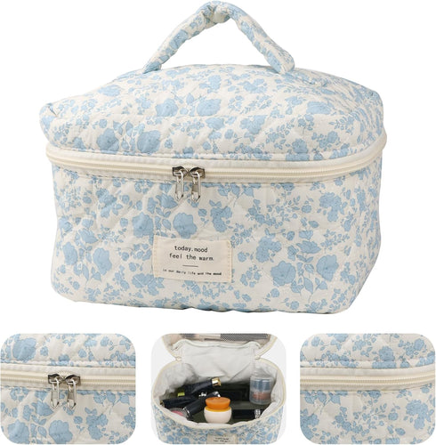 Cute Makeup Bag for Women(2 Pcs), Travel Cosmetic Bags, Quilted Coquette Aesthetic Floral Toiletry Organizer Bag (NavyBlue Flower)...