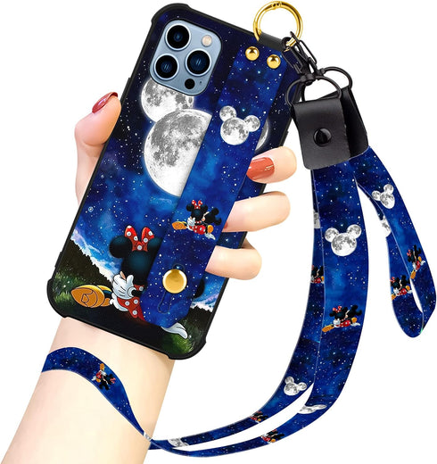 Cartoon Case for iPhone 13 Pro Case 6.1 Inch Cute Moon Blue Cartoon Character Design with Lanyard Wrist Strap Band Holder Shockproof Protection Bu...