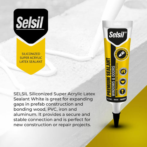 Selsil Siliconized Super Acrylic Latex Sealant, Indoor & Outdoor Paintable Caulk - Flexible, Weather & Moisture Resistant, White Caulking for Base...