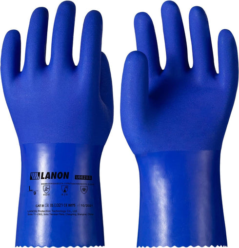 LANON PVC Chemical Resistant Gloves, Heavy-Duty Rubber Gloves, Acid, Alkali and Oil Protection, Non-Slip, Blue, Large...