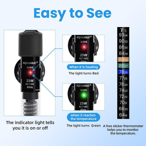 AQUANEAT Aquarium Heater, 25W Small Betta Fish Tank Heater, Mini Preset Water Thermostat with a Thermometer...