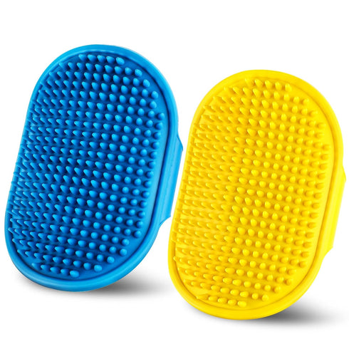 Dog bath brush DSOE dog shmpoo brush massage brush of dog cleaning and beauty set 2 pcs (Tapered brush head, Blue+Yellow)...