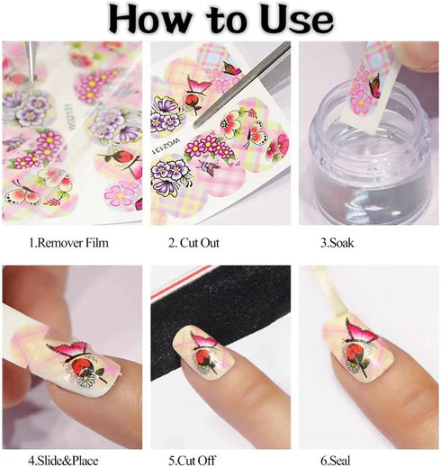 12 Sheets Flower Nail Stickers Decals Spring Summer Nail Art Stickers Floral Butterfly Dragonfly Water Transfer Nail Decals Colorful Nail Art Supp...