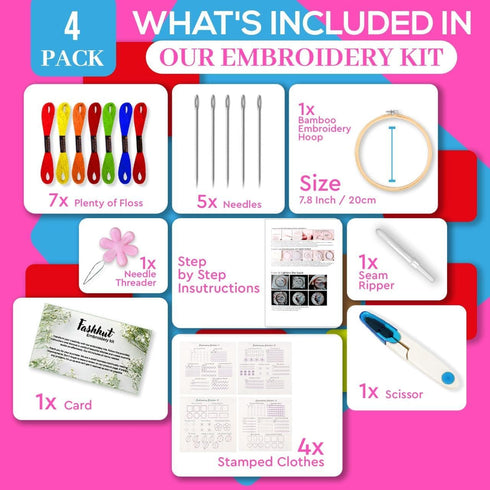 Fashhut Set of 4 Embroidery Kit for Beginners with Patterns & Complete Instructions - DIY Cross Stitch Kits for Adults with 1 Embroidery Hoop, Nee...