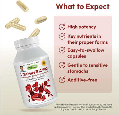 ANDREW LESSMAN Vitamin B12 60 Capsules – Methylated B12 Methylcobalamin 500 mcg Plus B-Complex Supplement, Absorption-Protected Natural B12 for En...