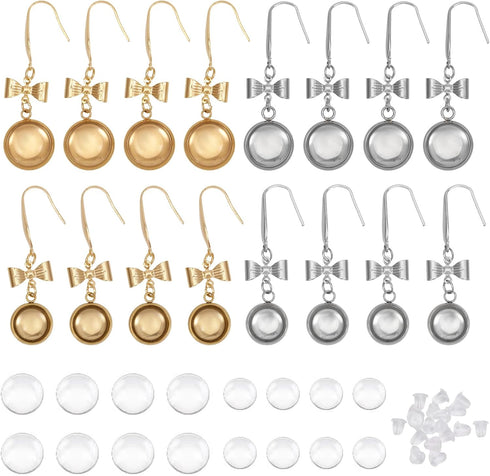 CHGCRAFT 8Pairs 4Styles Earrings Wire Hooks Blanks DIY Earring Making Kits Including Bowknot with Flat Round Transparent Glass Cabochons and Plast...