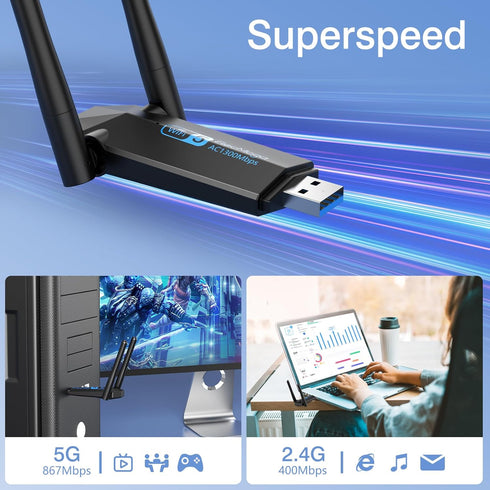 USB WiFi Adapter, ElecMoga 1300Mbps WiFi Dongle USB 3.0 Dual Band 5G/2.4G Wireless Network Adapter for Desktop Laptop PC, Dual 5dBi Antennas, Supp...