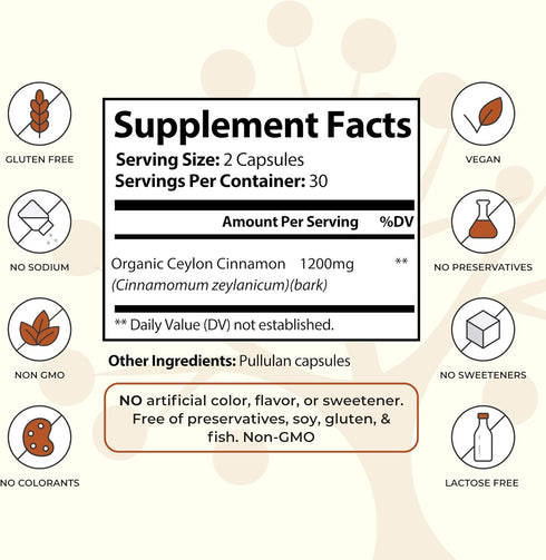 Ceylon Cinnamon Supplement - Certified Organic - Non-GMO - Gluten Free - Supports Healthy Metabolism - Antioxidant Benefits - 60 Vegan Capsules...