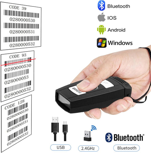 Symcode Bluetooth Barcode Scanner 1D Laser Wireless Barcode Scanner 3-in-1 BT & USB Wired & 2.4G Portable Handheld scanning Barcode Reader for Lib...