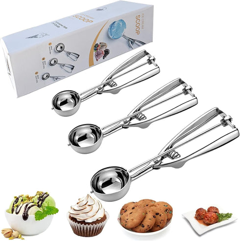 Ice Cream Scoop, 3Pcs Cookie Scoop Set, Stainless Steel Ice Cream Scooper with Trigger Release, Large/Medium/Small Cookie Scooper for Baking, Cook...