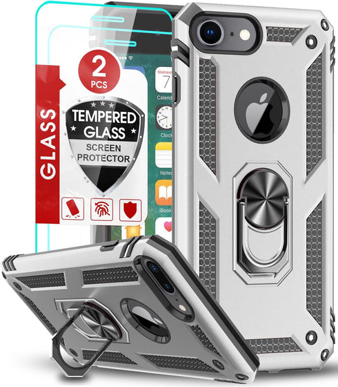 LeYi Compatible for 8/7/6s/6 Case (2 Pack), Silver, Cellular Phone Case with Tempered Glass Screen Protector & Kickstand Ring...
