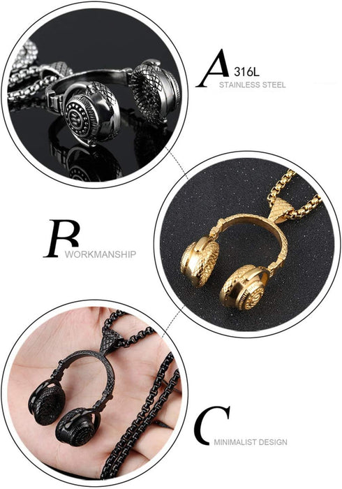 SAWADA Hip Hop Punk Style Stainless Steel Headphone Pendant Necklace DJ Music Chain Necklace Gold...