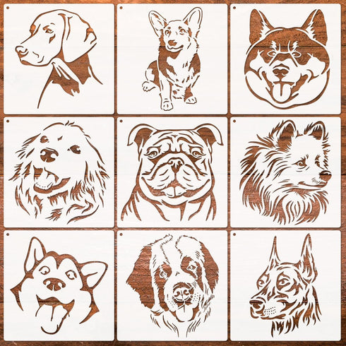 9 Pieces Dog Stencil, Dog Head Stencil Golden Retriever Labrador Shiba Inu Husky Eskimo Bulldog Corgi for Painting On Dog House, Wood Signs, Walls...