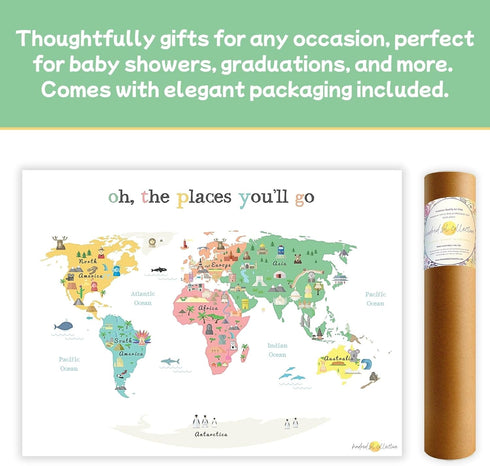 Oh the Places you'll Go Illustrated Kids World Map (24x17”) - Vibrant Educational World Map for Kids Wall Decor with Global Animals and Landmarks...