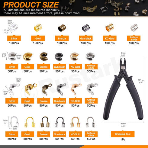 1501Pcs Crimp Beads Covers with Bead Crimping Pliers Tool Assortment Kit Brass Crimp Beads Tips Knot Covers Wire Guardians Fold Over Clamshell Cri...