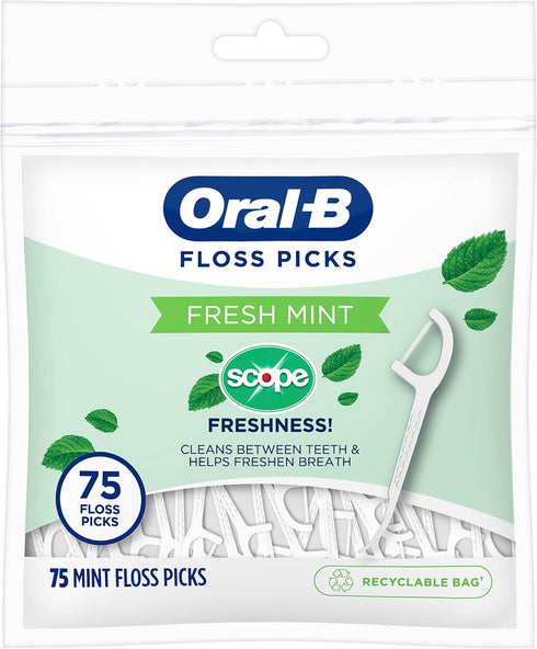 Oral-B Burst of Scope Dental Floss Picks, Fresh Mint, 75 Count Each, Pack of 6 (450 Count Total)...