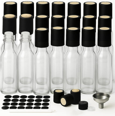 WERTIOO Hot Sauce Bottles 21-Pack 5oz Round Small Glass Bottles with Caps & Funnel - Reusable Mini Sauce Containers for Chili Oil, Vinegar, Gift F...