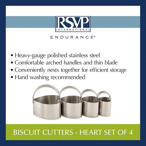 RSVP International Endurance Heart Shape Biscuit Cutters - Stainless Steel, Set of 4 | Nest for Easy Storage | For Cutting Thick or Thin Dough | P...