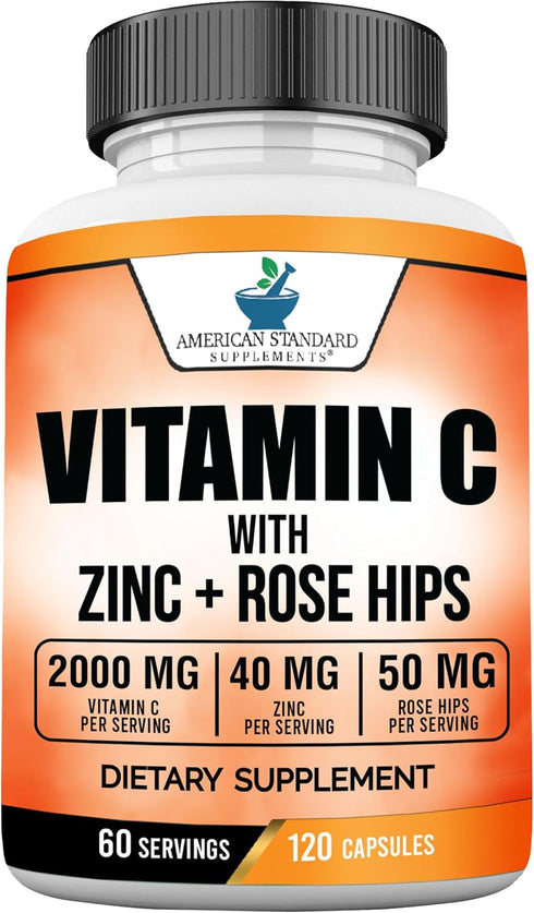 American Standard Supplements Vitamin C 2000mg, Zinc 40mg, and Rose HIPS 50mg Per Serving – Vegan, Gluten Free, Non-GMO (120 Count)...