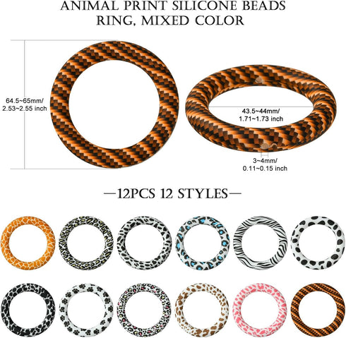 Stiesy 12 Pcs 12 Styles Animal Skin Printed Silicone Beads Ring Beadable O Ring 65mm Soft Silicone Focal Beads Bulk for Keychain Home Hanging Orna...