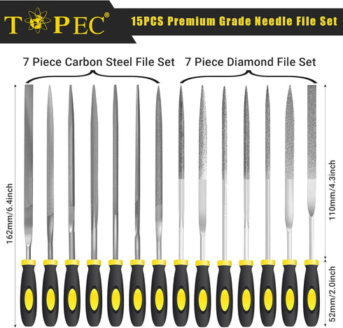 Topec Small File Set, Needle Diamond Files 15PCS, 7pcs Jewlers Files & 7pcs Steel Files with Metal Brush and Storage Bag?for Precision Metal File ...