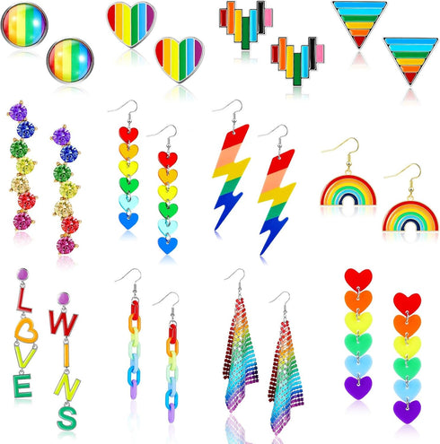 12 Pairs Rainbow Earrings Gay Pride Earrings LGBTQ Mesh Drop Clip on Earrings Lightweight Chain Rainbow Earrings Dangle Earrings Round Heart Light...