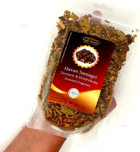 Yogic Mantra Havan Samagri for Burning (100g Fragrant Dried Herbs with Turmeric) Hawan Kund Home Puja, Yagya, and Holy Hindu Pooja Religious Cerem...